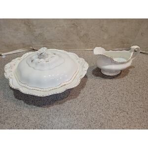 John Maddock & Sons Royal Vitreous China Antique Covered Server & Gravy boat